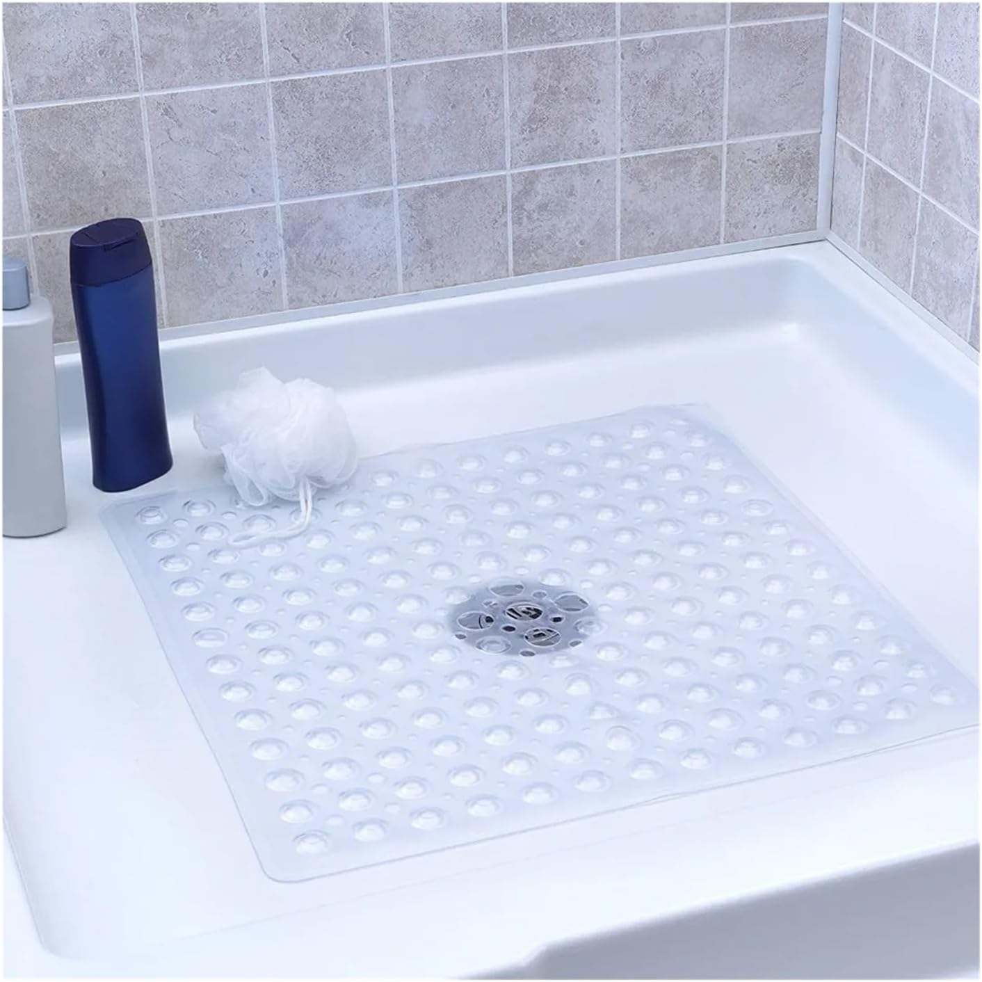 53x53cm Shower Mat Suction Cup PVC Anti Slip Bath Square Floor Pad Non Safety for Bathtub Bathroom Carpet(1x Pink)