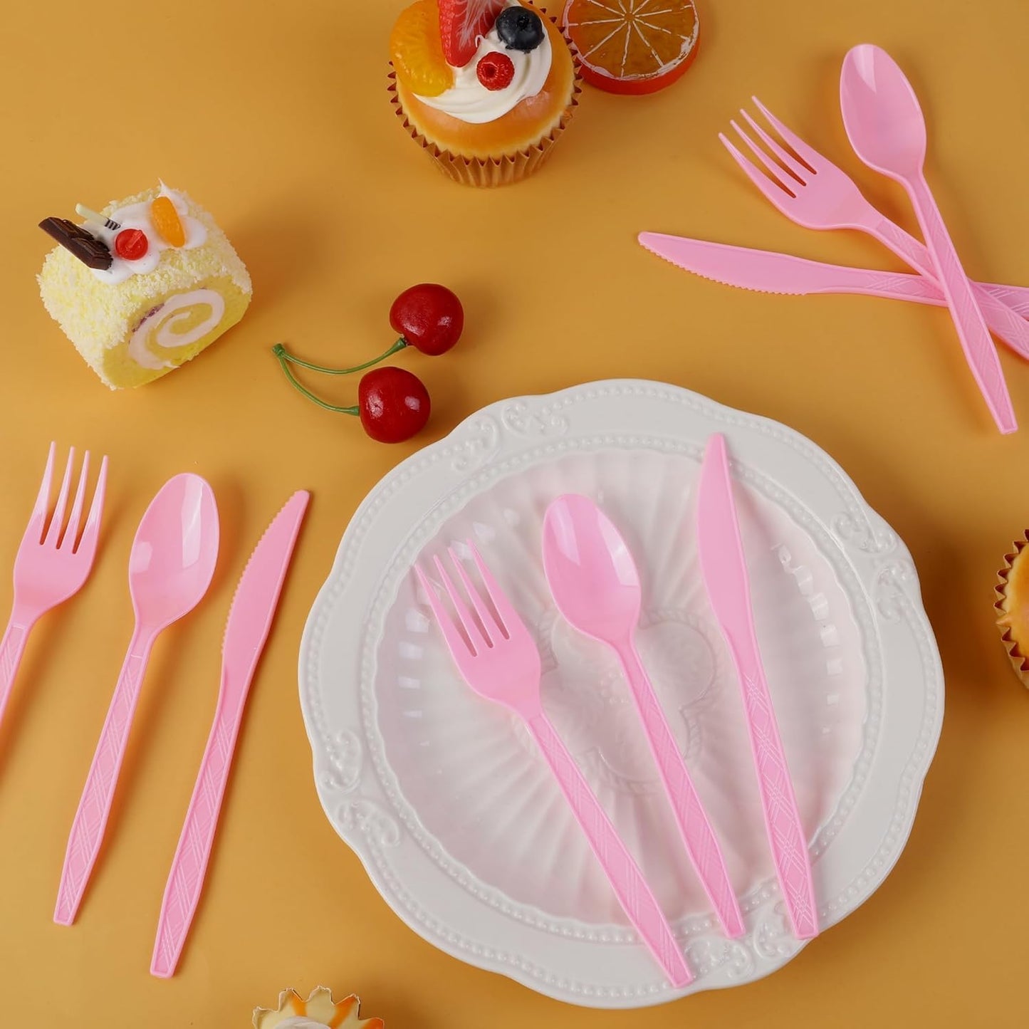 Kochorie 90 Pieces Pink Plastic Cutlery Set Disposable Plastic Utensils Heavy Duty Flatware Set Includes 30 Knives 30 Forks 30 Spoons for Party Wedding Birthday