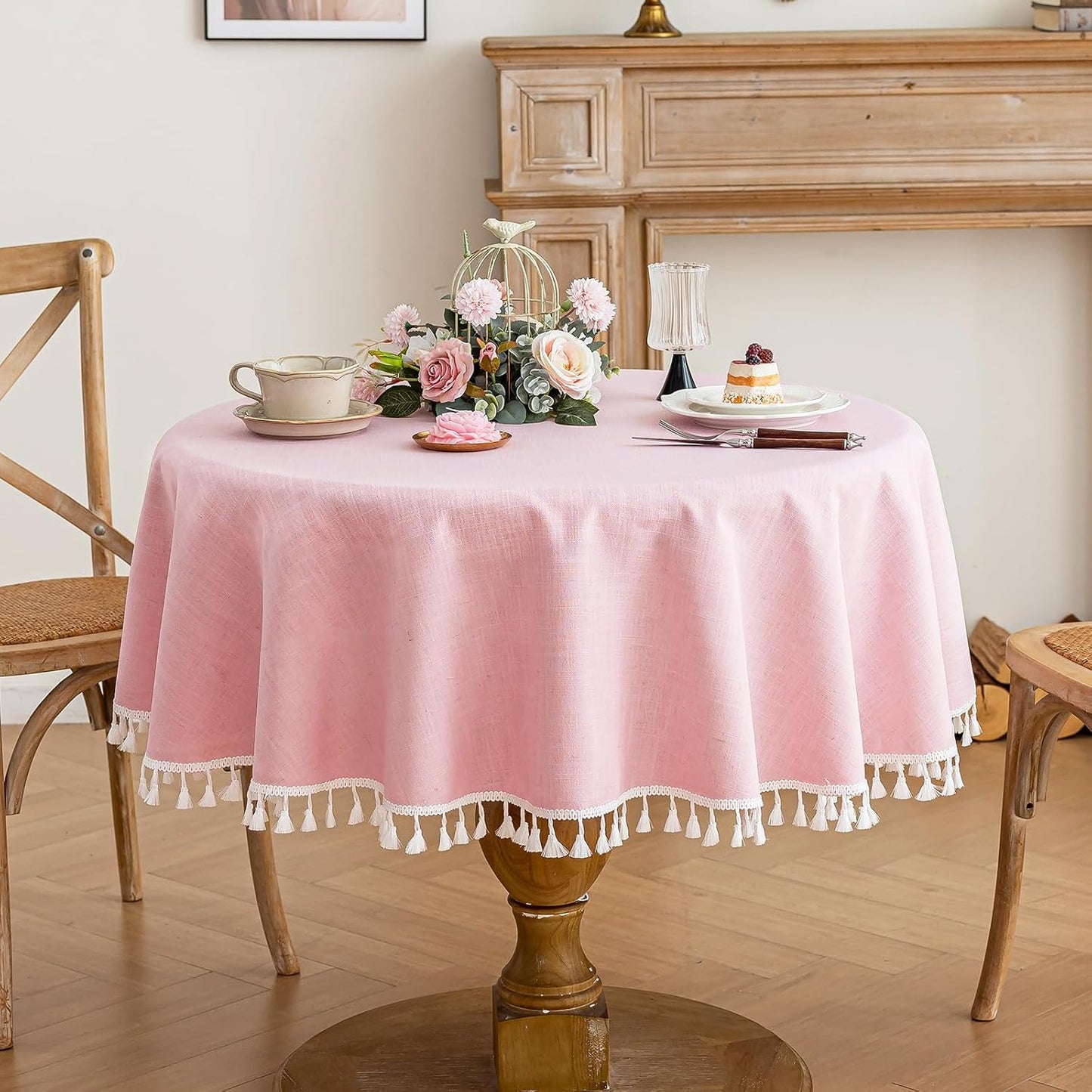 Alsoo Pink Tablecloth Round Table 55" x 55" Linen Look Texture Cotton Tablecloth Waterproof Wrinkle Free Heavy Duty Tables Cover with Tassel for Kitchen Dining Holiday Party