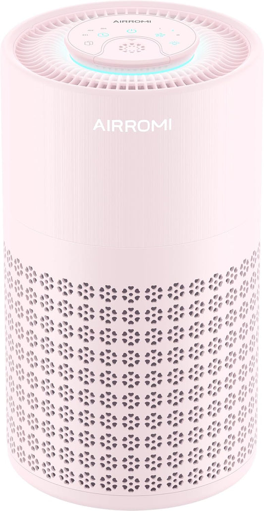AIRROMI Air Purifier for Bedroom with HEPA 3-in-1 Filter, Pet Air Purifier for Home Cat Pee Smell, Covers Upto 990 Ft², Quiet 360° intake Air Cleaner for pet hair,allergies,Dust,Smoke A2001 Pink