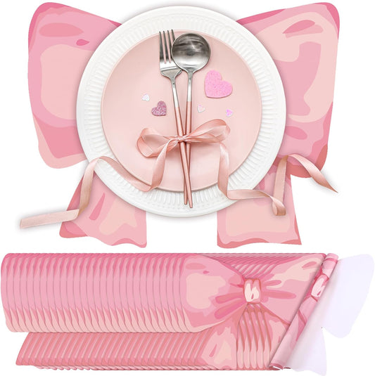 Tinlade 100 Pack Disposable Bow Placemats Coquette Bow Table Mats Slice 13.8 Inches Decorative Paper Placemats for Birthday Bridal Wedding Party Table Setting (Pink)
