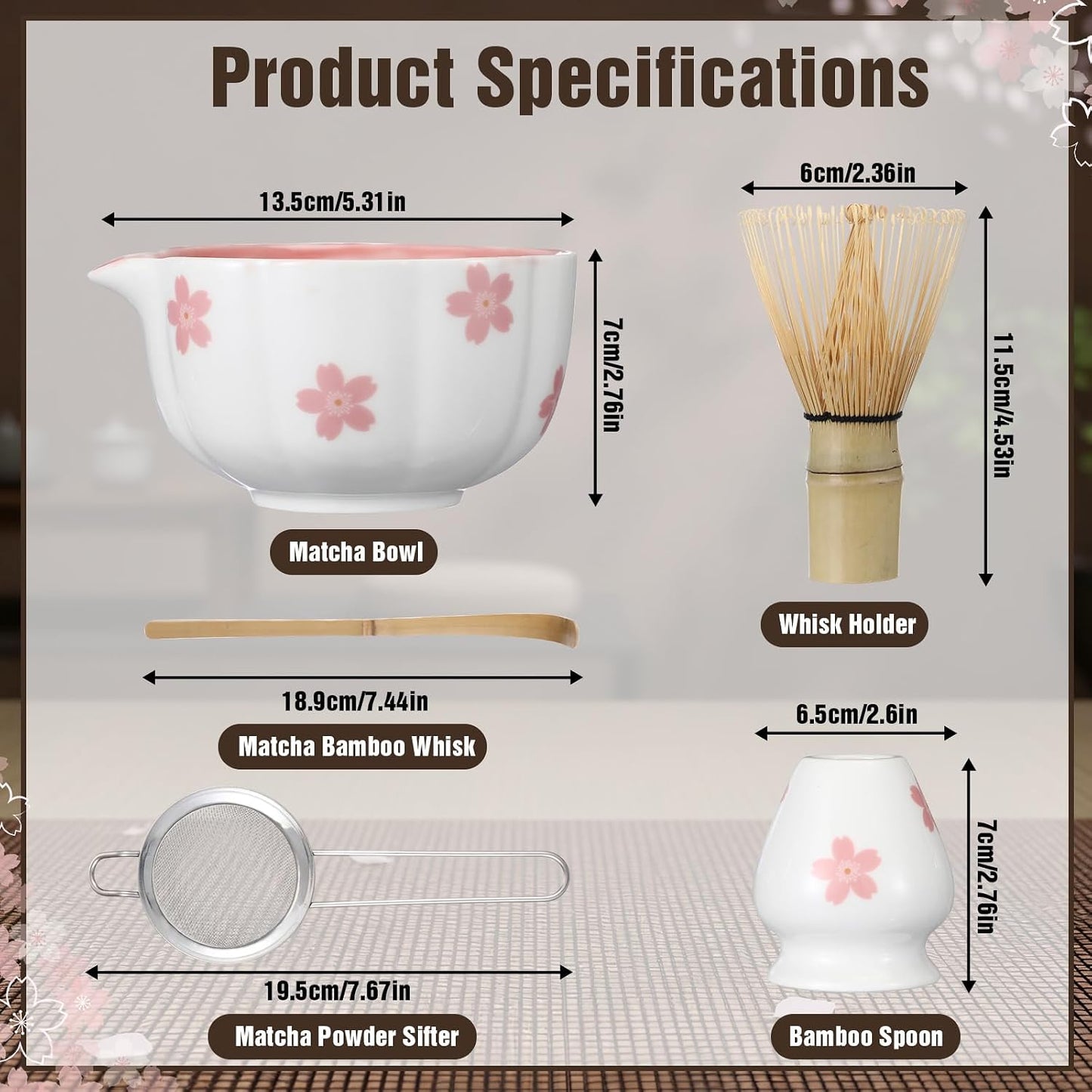 Vesici Matcha Whisk Set with Pink Sakura Bowl, Bamboo Whisk, Spoon, Chasen Holder, Stainless Steel Sifter, 5 Pcs Kit for Matcha Lovers Gift for Christmas, Birthday
