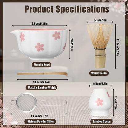Vesici Matcha Whisk Set with Pink Sakura Bowl, Bamboo Whisk, Spoon, Chasen Holder, Stainless Steel Sifter, 5 Pcs Kit for Matcha Lovers Gift for Christmas, Birthday