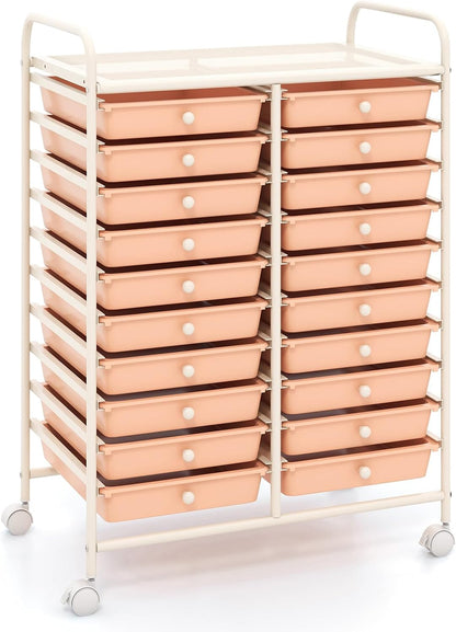 GOFLAME 20-Drawer Rolling Storage Cart, Multifunctional Art Craft Organizer Cart, Mobile Utility Storage Cart with Removable Drawers & Lockable Wheels, Craft Cart for Home Office, Peach Fuzz