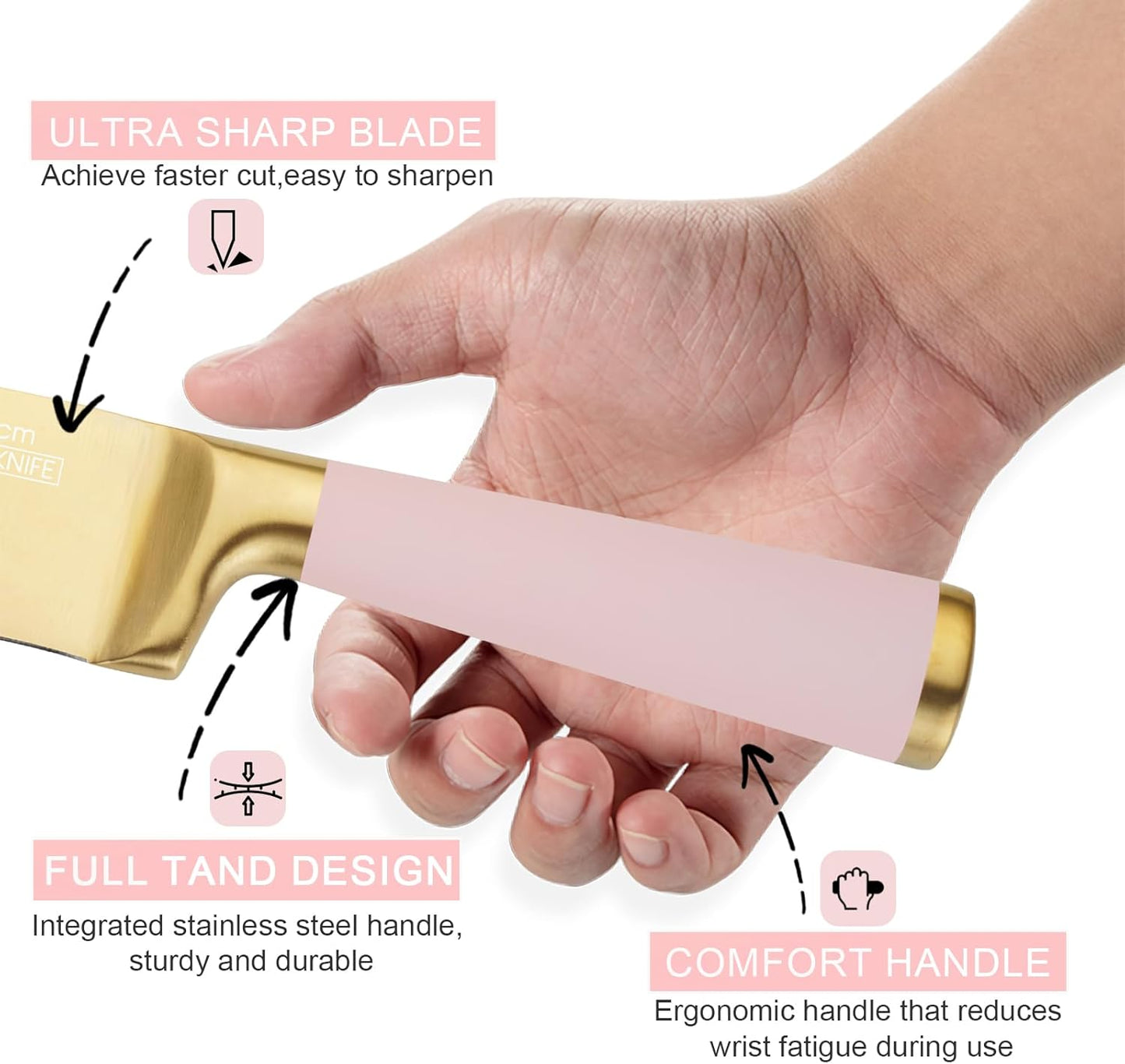 Kitchen Knife Set with Block and Sharpener, 7-Piece Knife Set for Chef, Pink Knife Holder Set, Gold-Plated Stainless Steel Kitchen Knife, Ergonomically Designed (Pink)