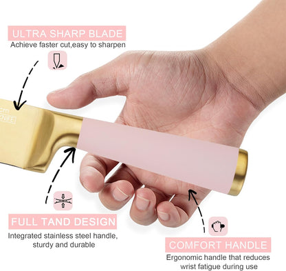 Kitchen Knife Set with Block and Sharpener, 7-Piece Knife Set for Chef, Pink Knife Holder Set, Gold-Plated Stainless Steel Kitchen Knife, Ergonomically Designed (Pink)