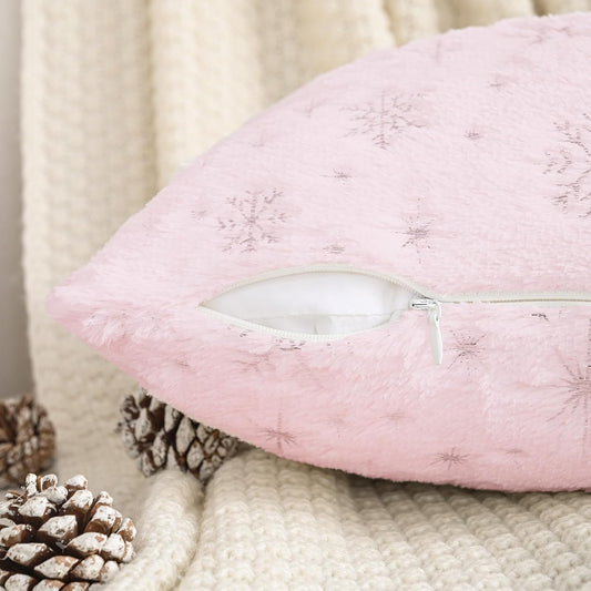 HAUSSY Christmas Throw Pillow Covers 18x18 Set of 2, Soft Faux Fur Pillow Cases Cute Decorative Snowflake Glitter Printed Winter Cushion Case for Xmas Home Decor,Couch Bed,Living Room,Pink