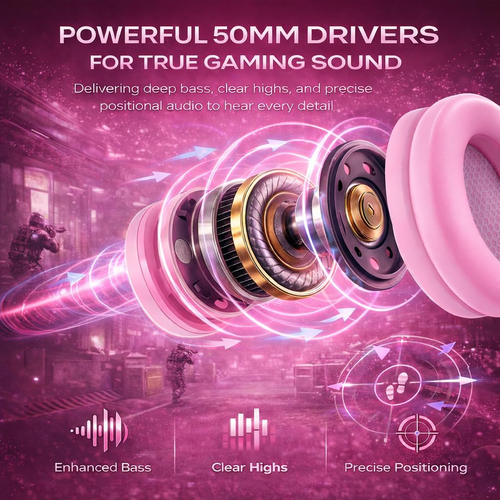 K98 Gaming Headset with Mic, Wired Over Ear Headphones for PC, PS5, PS4, Xbox One, 50mm Stereo Surround Sound, Aluminum Frame, Memory Foam Ear Cushions, Noise Cancelling Mic (Pink)