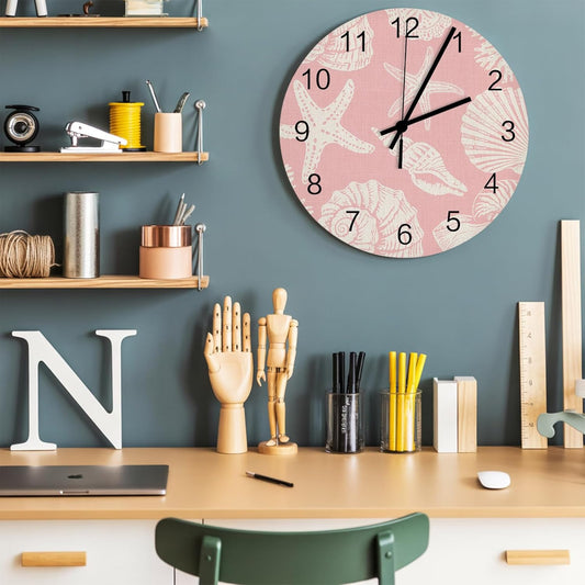 Ocean World Wall Clock Battery Operated Non-Ticking 10" Round Wood Clocks, Watercolor Peach Pink Shell Conch Coral Linen Kitchen Wall Clock for School Bathroom Living Room Home Office Wall Decor