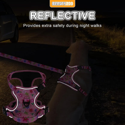 BEAUTYZOO No Pull Dog Harness and Leash Set with 2 Metal Leash Clips - Overhead-Free 3 Snap Buckles Design, Adjustable No-Choke Soft Padded Reflective Oxford Pet Vest for Small Medium Large Dogs, M