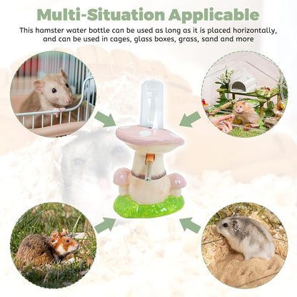PINVNBY Hamster Water Bottle No Drip Ceramic Automatic Gerbil Water Bottle 80ML Water Dispenser with Mushroom Stand Holder for Gerbils Syrian Hamsters Dwarf Hamsters Mice (Pink)