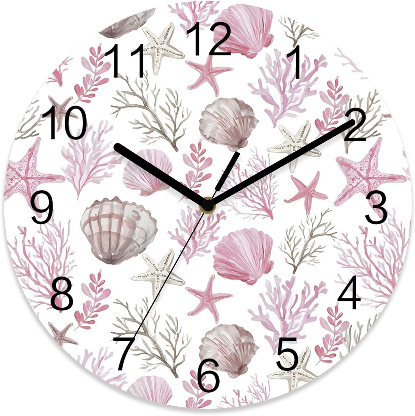 Pink Coastal Wall Clock Battery Operated Non-Ticking 12" Round Wood Clocks, Summer Beach Nautical Coral Starfish Shell Kitchen Wall Clock for School Bathroom Living Room Home Office Wall Decor