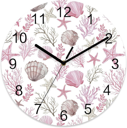Pink Coastal Wall Clock Battery Operated Non-Ticking 12" Round Wood Clocks, Summer Beach Nautical Coral Starfish Shell Kitchen Wall Clock for School Bathroom Living Room Home Office Wall Decor