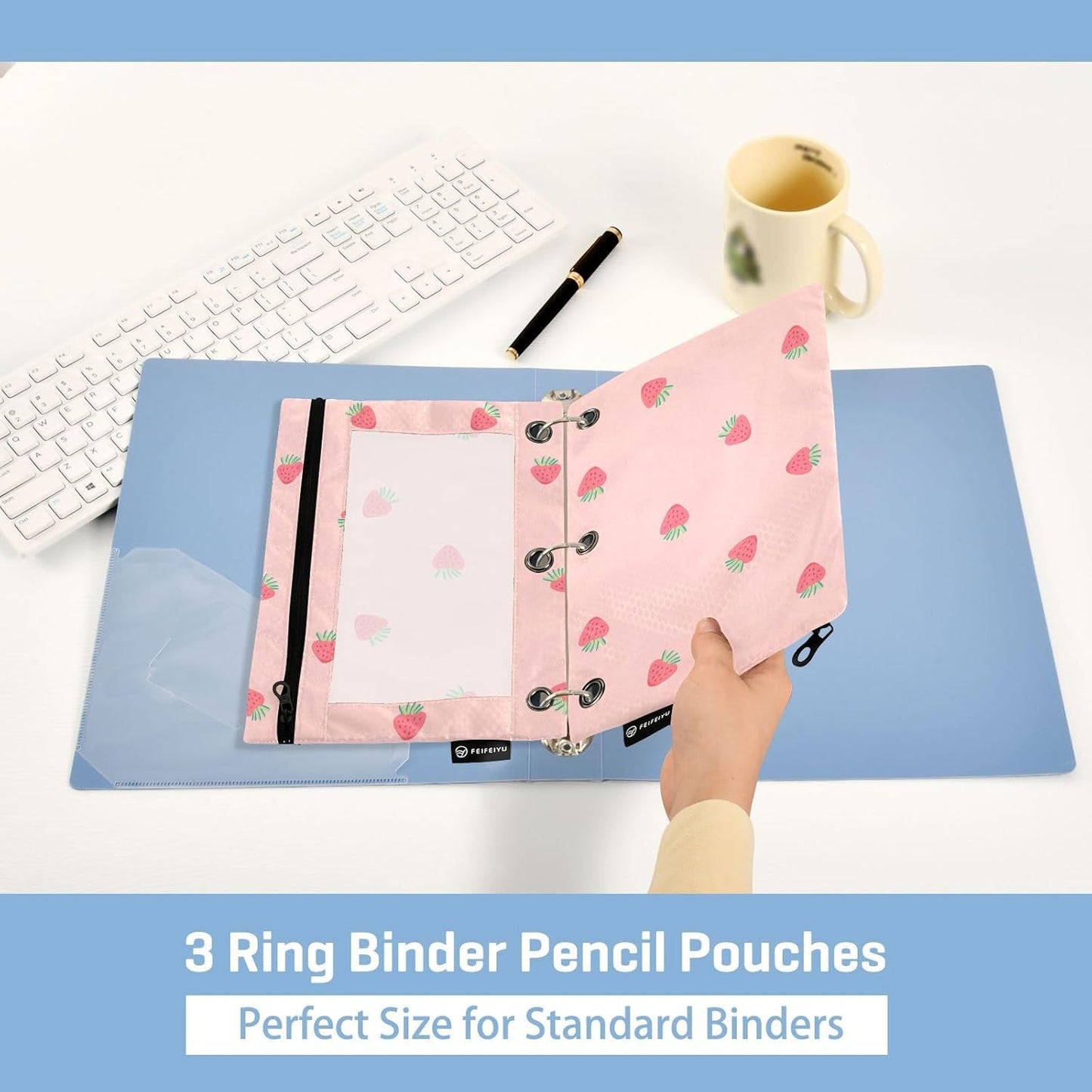 Fustylead Pink Strawberry Pencil Pouch Fits Standard 3-Ring Binders, Zipper Binder Pencil Bag with Clear Window for Office School Class Students 2 Pack