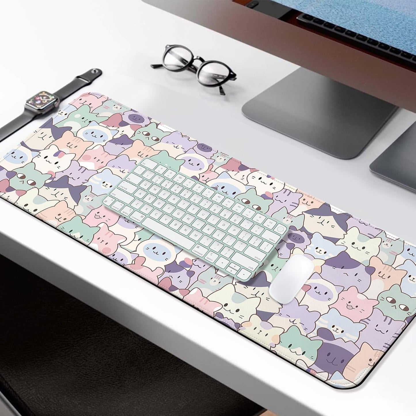 Cute Pink Cat Gaming Desk Mat, Computer Keyboard Large Extended Kawaii Pastel Cat Mouse Pad for Office and Home, 31.5×11.8 Inches, XL