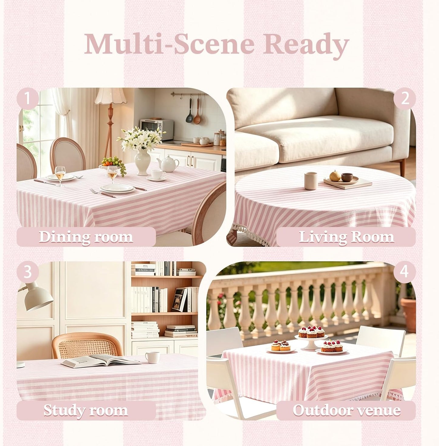 Laolitou Pink Striped Table Cloth Rectangle Table Wrinkle Resistant Cotton Linen Tablecloth 6 Foot Washable Table Cover for Dining Kitchen,Pink and White,55"X90"