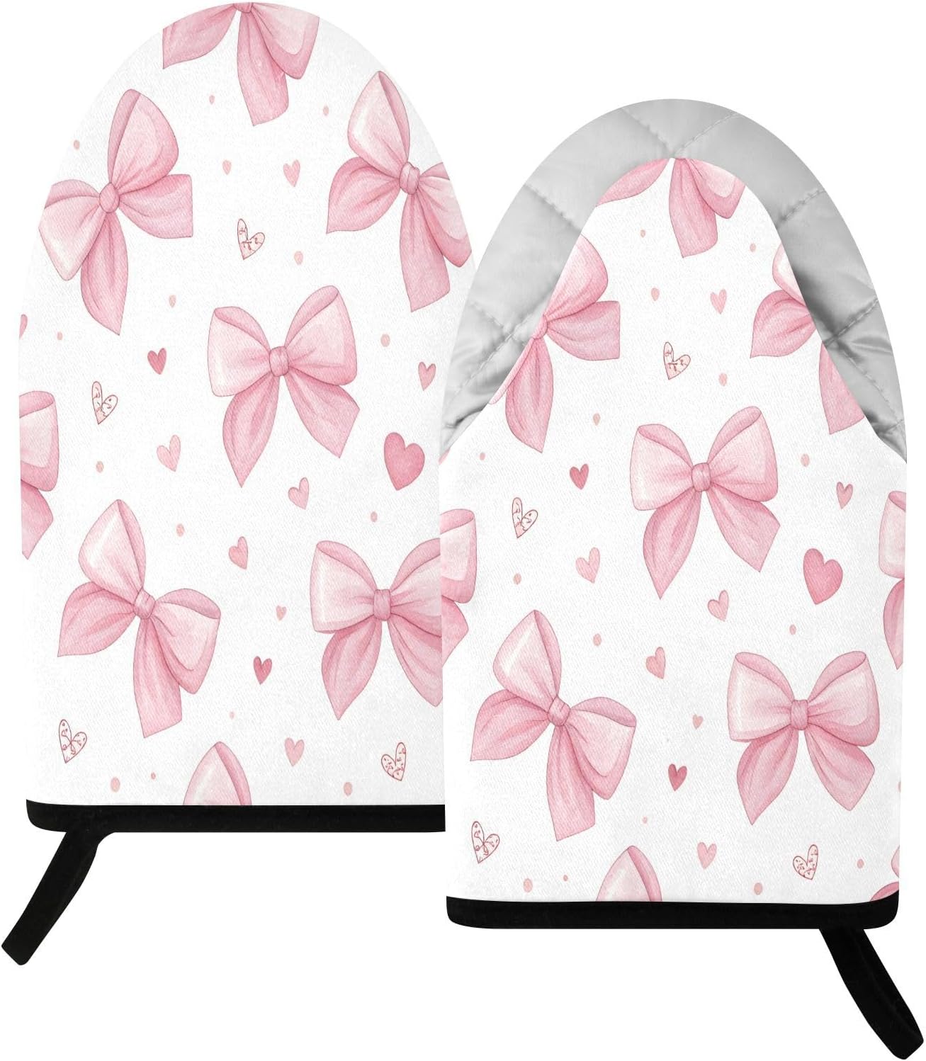 Pink Bows & Hearts Non-Slip Oven Mitts Set Heat Resistant Kitchen Gloves with Quilted Liner Cotton Machine Washable with Hanging Loop for Baking Grilling BBQ