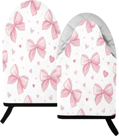 Pink Bows & Hearts Non-Slip Oven Mitts Set Heat Resistant Kitchen Gloves with Quilted Liner Cotton Machine Washable with Hanging Loop for Baking Grilling BBQ