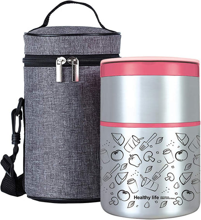 Lille Home Vacuum Insulated Stackable Stainless Steel Thermal Lunch/Snack box, 2-Tier Bento/Food Container with Lunch bag, Smart Diet, Weight Control, 32 Ounces, Pink