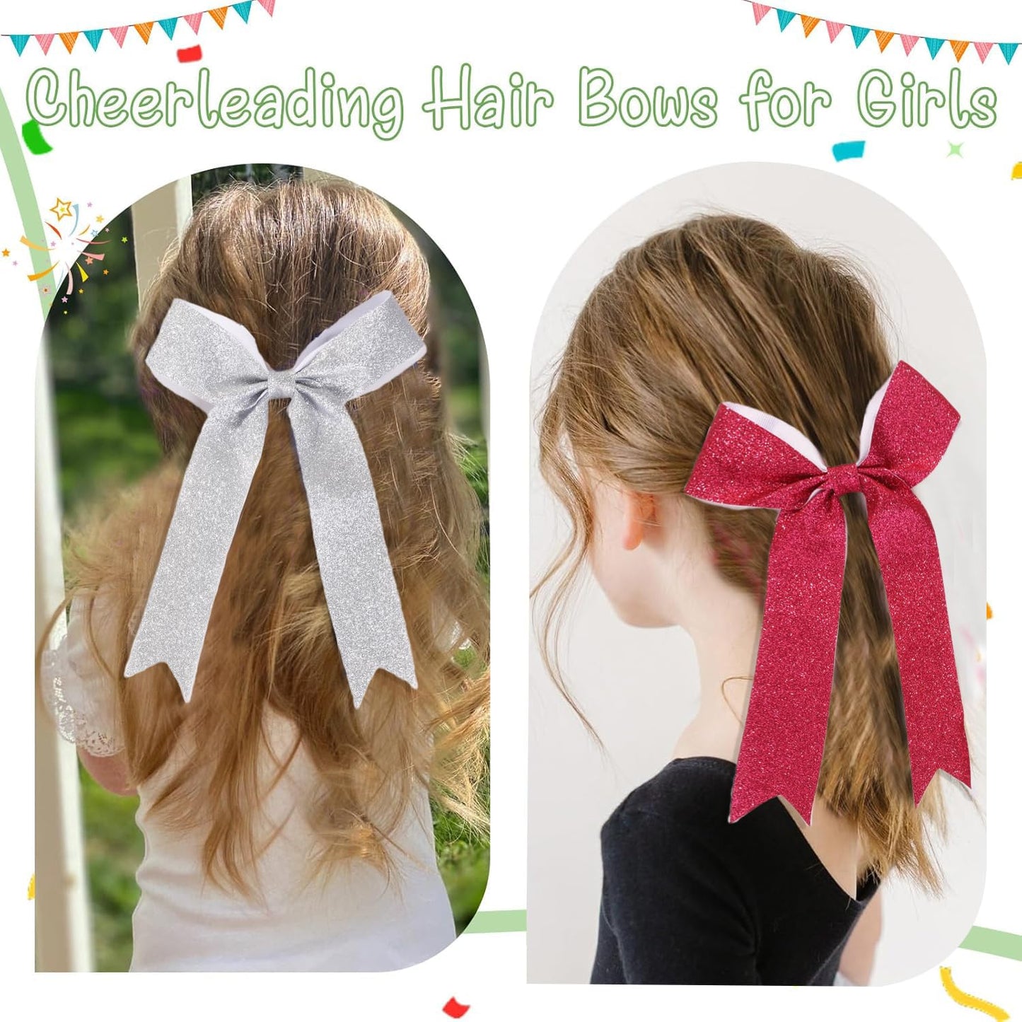 Long Tail Glitter Cheer Bows 16 PCS Collegiate Style Cheer Bows Ponytail Holder Handmade Bows for Girls Teens Cheerleader Sports (Glitter Pink)