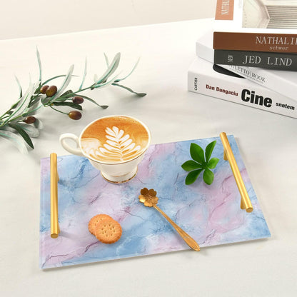 Peach and Light Blue Marble Texture Decorative Dinner Tray with Handles Coffee Serving Tray for Jewelry Perfume for Dinner Serving bandeja para Comer