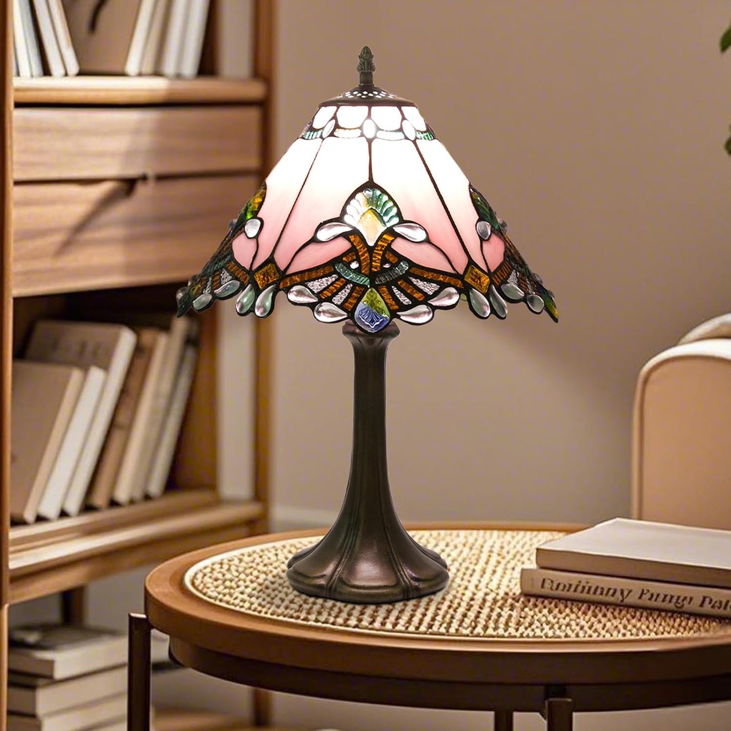 JHuiLap 12 Inch Tiffany Style Table Lamp, Baroque Stained Glass Lamp with Remote Control, Stepless Dimmable & 3 Color Temperatures, Desk Lamps for Bedroom Farmhouse Bedside Nightstand Bedside (Pink)