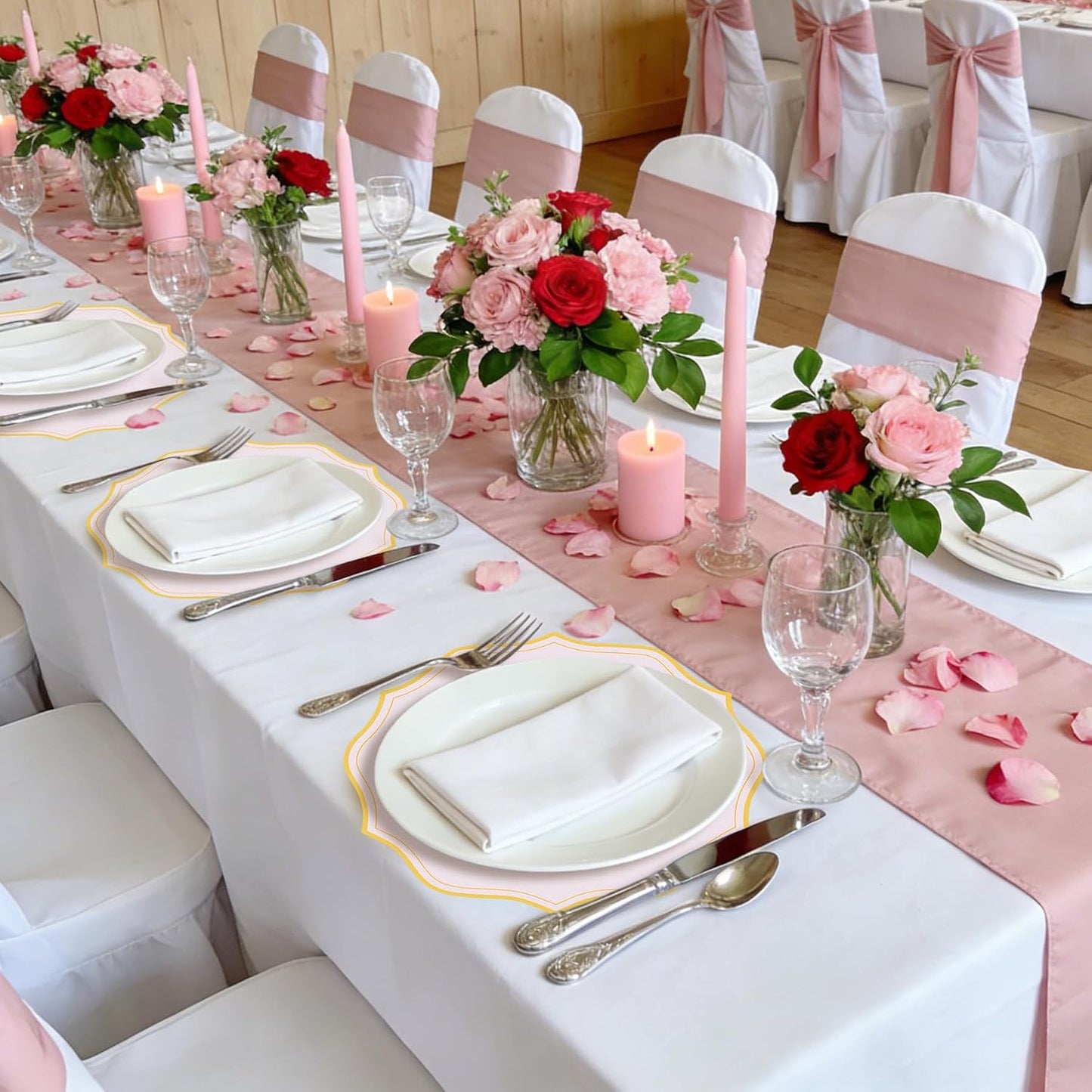 120 Pcs Pink Round Paper Placemats 13.5 Inch Disposable Paper Placemats with Gold Printed Wavy Edged Scalloped Decorative Table Mat for Wedding Party Baby Shower Banquet Holiday Dining Table Decor
