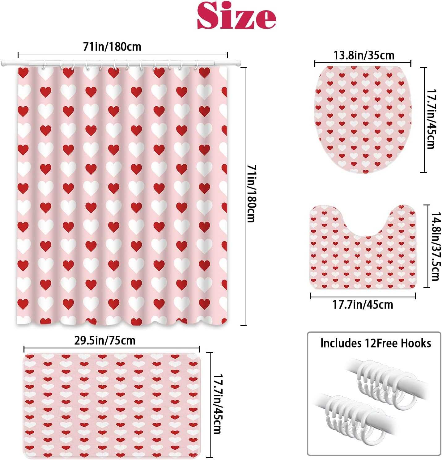 MEHOFOND 4pcs Valentines Shower Curtain Set Pink and Red Little Heart Shower Curtain Sets for Valentine's Day Bathroom Decor Sweetheart Shower Curtains with Non-Slip Rugs Toilet Lid Cover and Bath Mat