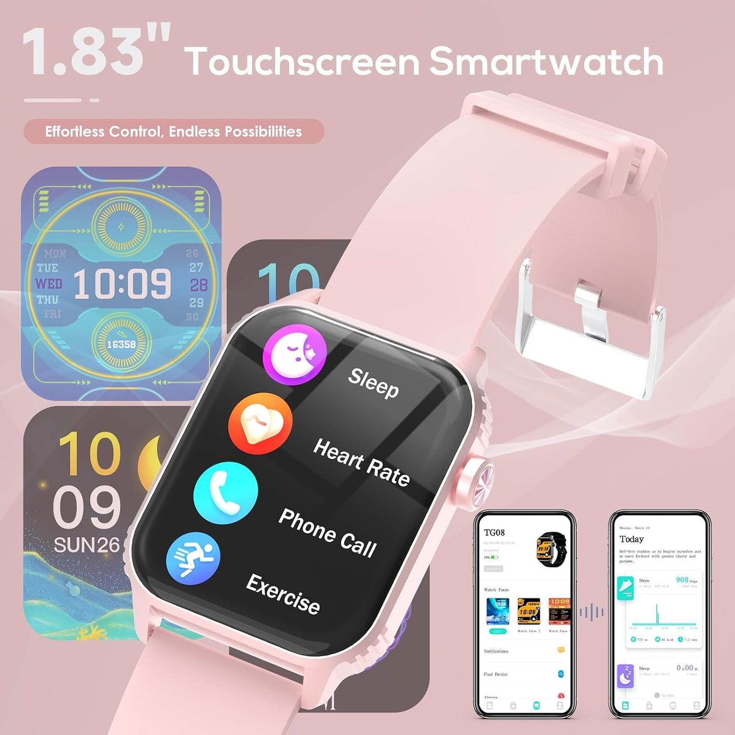 TRAUSI 120+ Sports Modes Smartwatch for Women with Sleep Monitor, IP7 Waterproof, Music Control Watch for iPhone Pink