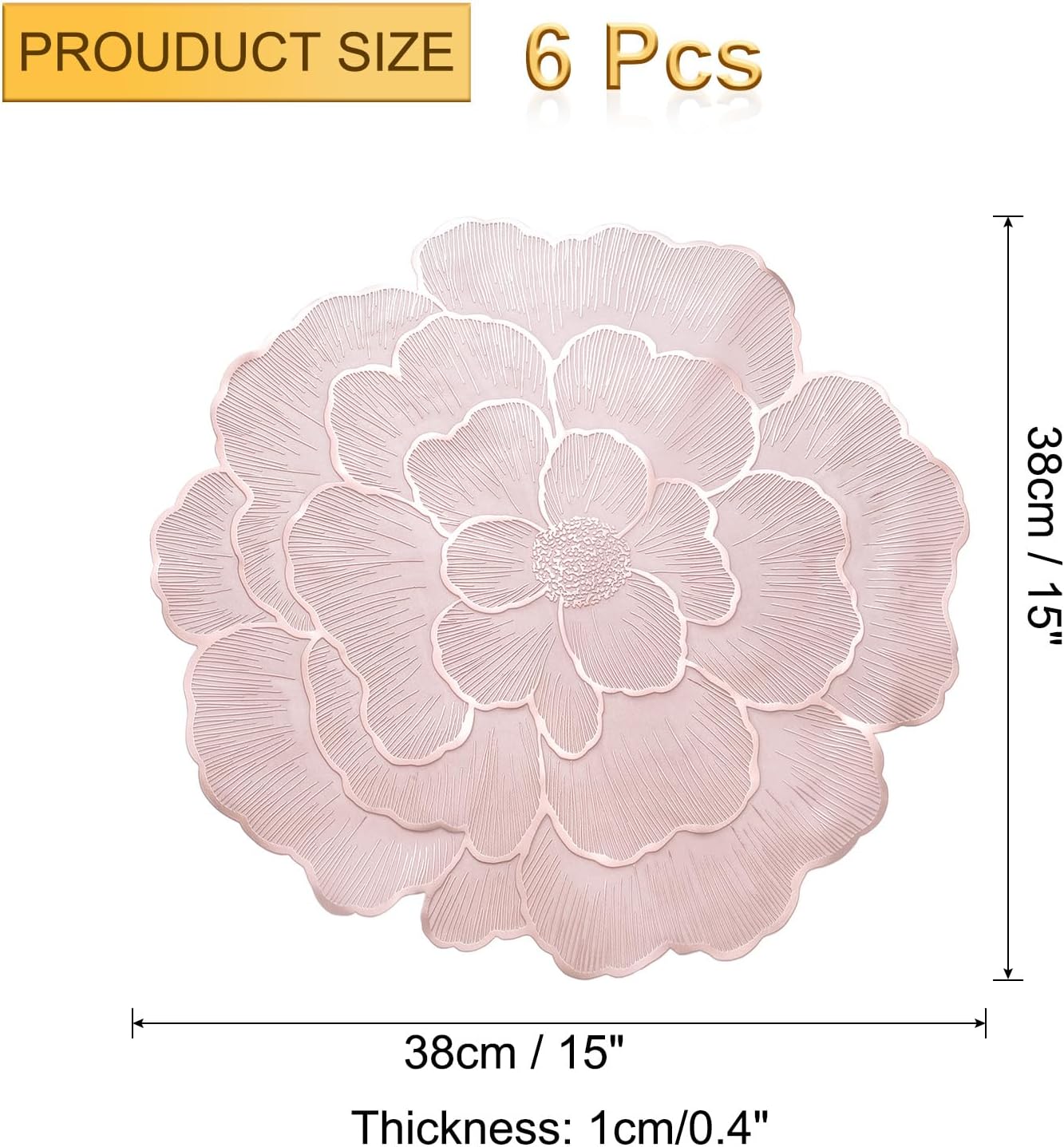 uxcell White Pink Floral Rose Round Placemats Set of 6 for Dinner Tables, Metallic Polyvinyl Pressed Placemats Washable Table Mats for Dinner Table Decor (15" x 15"/38 x 38cm)