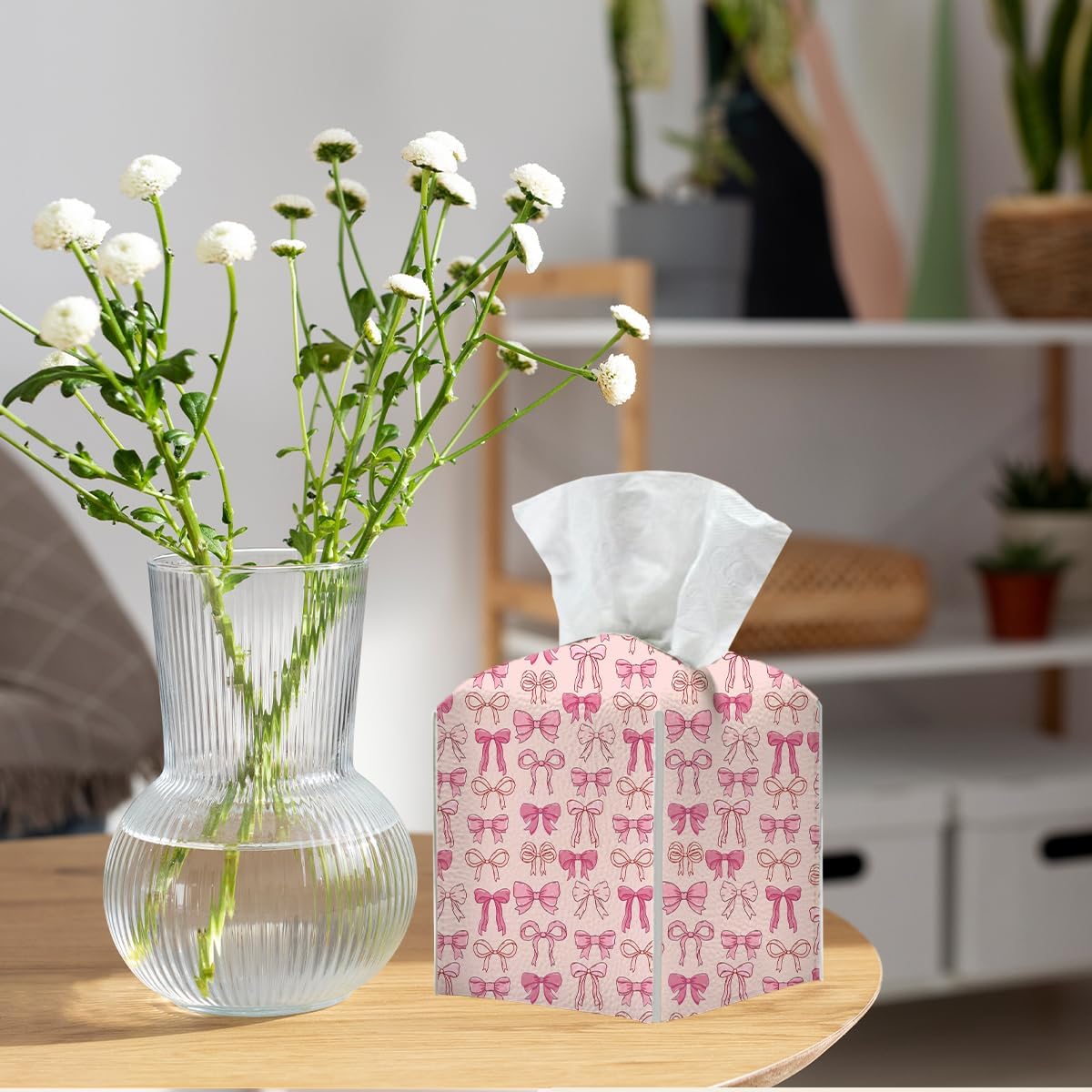 Tissue Box Cover, Tissue Box Holder, Square with Belt Bottom, PU Leather Decorative Organizer for Desk, Tabletop, Countertop Bathroom, Toilet Car, Office, Dresser Bedside, Aesthetic Pink Bow Decor