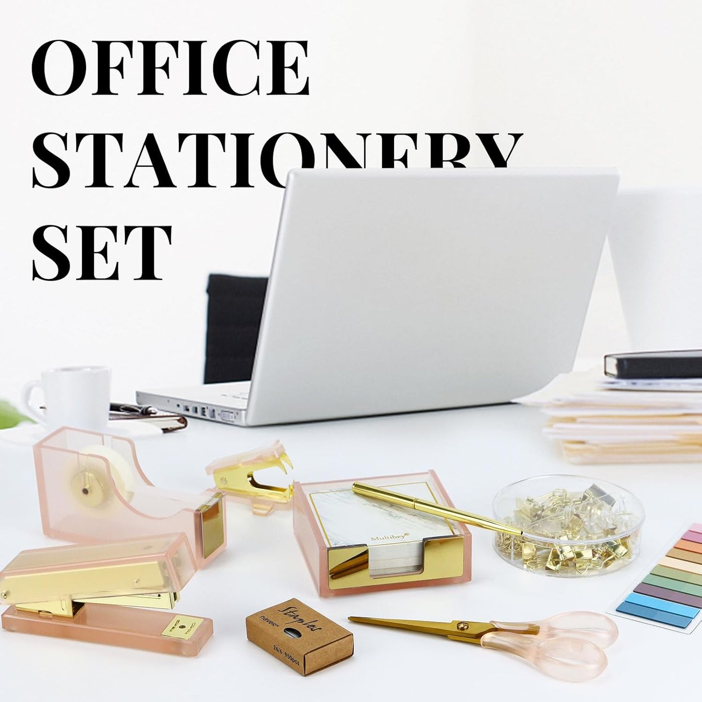 Buqoo Pink Gold Acrylic Office Set 11 in 1 - Desk Essentials with Stapler, Tape Dispenser, Staple Remover, Scissor & More - Office Supplies Kit for Women, Teachers, School & Home