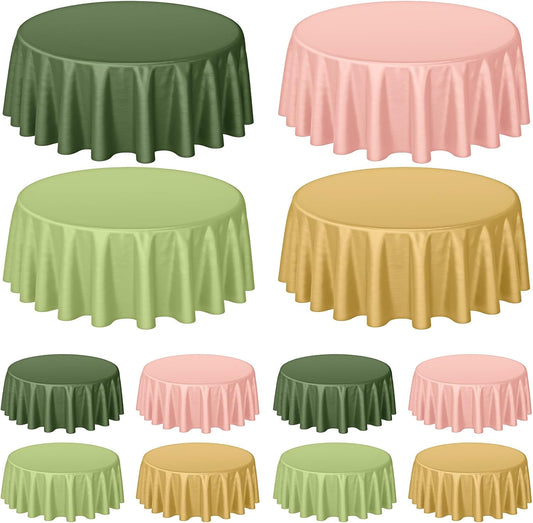 Buryeah 12 Pcs 84 Inch Sage Green Pink Gold Round Plastic Disposable Table Cloth Waterproof Tablecloth Circle Table Covers for Bridal Wedding Birthday Party Gender Reveal Baby Shower