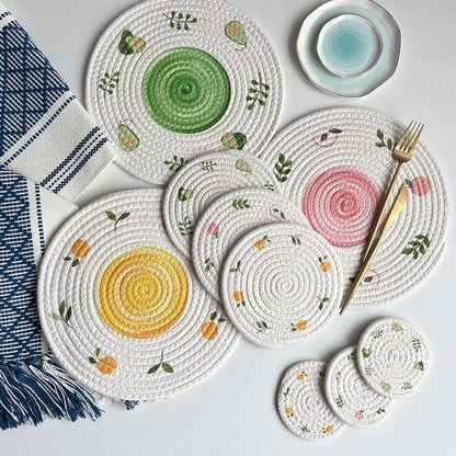 Round Placemats Fruit & Floral Pattern Rope Braided Place Mats Cute Fruit Table Mats,12 Inch,4-Piece Set (Peach,7inch/18cm)