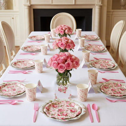 Shellwei 410 Pcs Pink Rose Tea Party Decorations Elegant Floral Paper Plates and Napkins Set Disposable Party Tableware Sets with Cups Knives Forks Spoons Seat Card Favors for 50 Guests
