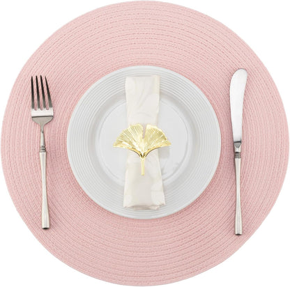 Winknowl 15 Inch Round Braided Placemats Set of 4, Washable Cotton Polyester Table Mats, Heat Resistant Non-Slip Place Mats for Kitchen Dining Table Decor (Pink,4pcs)