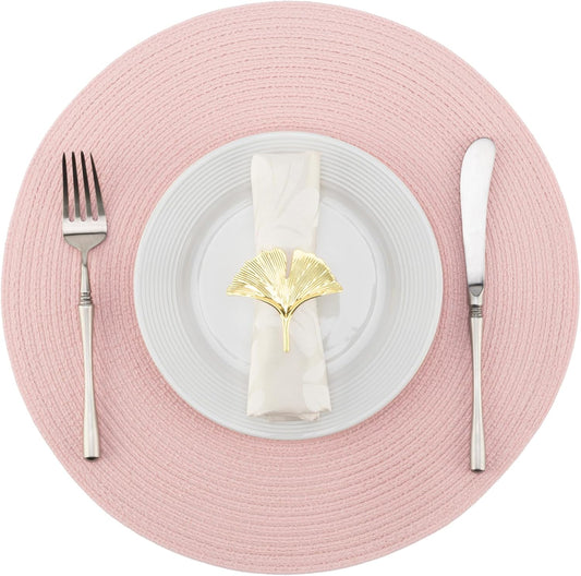 Winknowl 15 Inch Round Braided Placemats Set of 4, Washable Cotton Polyester Table Mats, Heat Resistant Non-Slip Place Mats for Kitchen Dining Table Decor (Pink,4pcs)