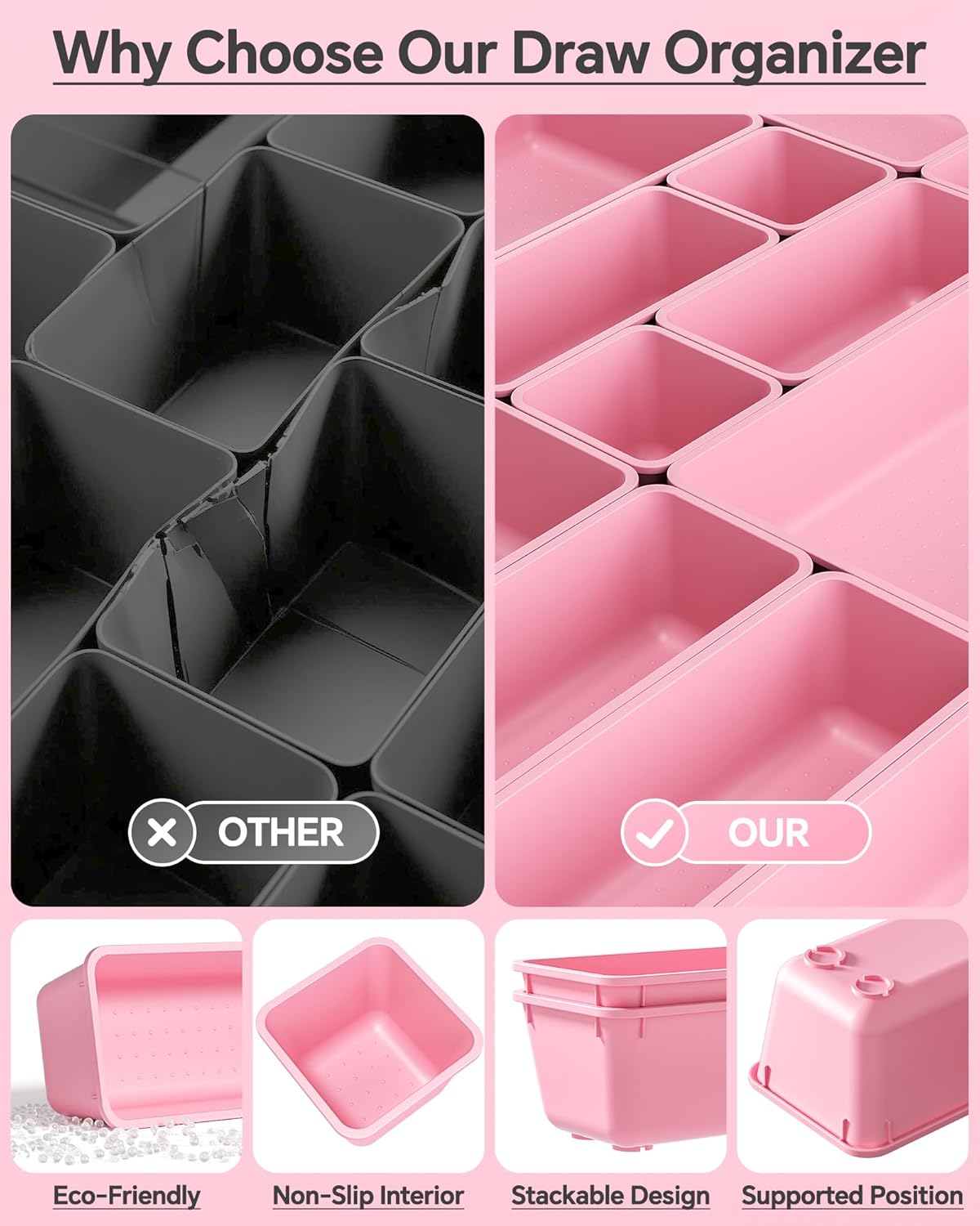 KEMETHY 25 PCS Plastic Drawer Organizers Set, 4 Sizes Vanity Organizer, Makeup and Desk Drawer Organizer Trays, Organization and Storage for Makeup, Bathroom, Kitchen Utensils and Office (Pink)