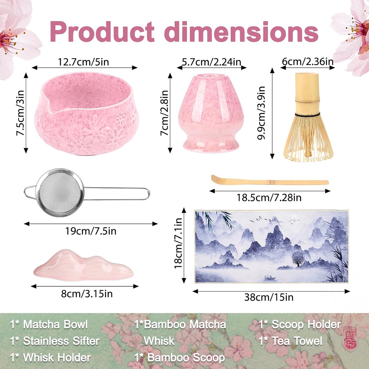Pink Ceramic Matcha Set with Bowl, Whisk & Sifter Tool - Complete Starter Kit for Tea Lovers, Gifts for Women (Pink)