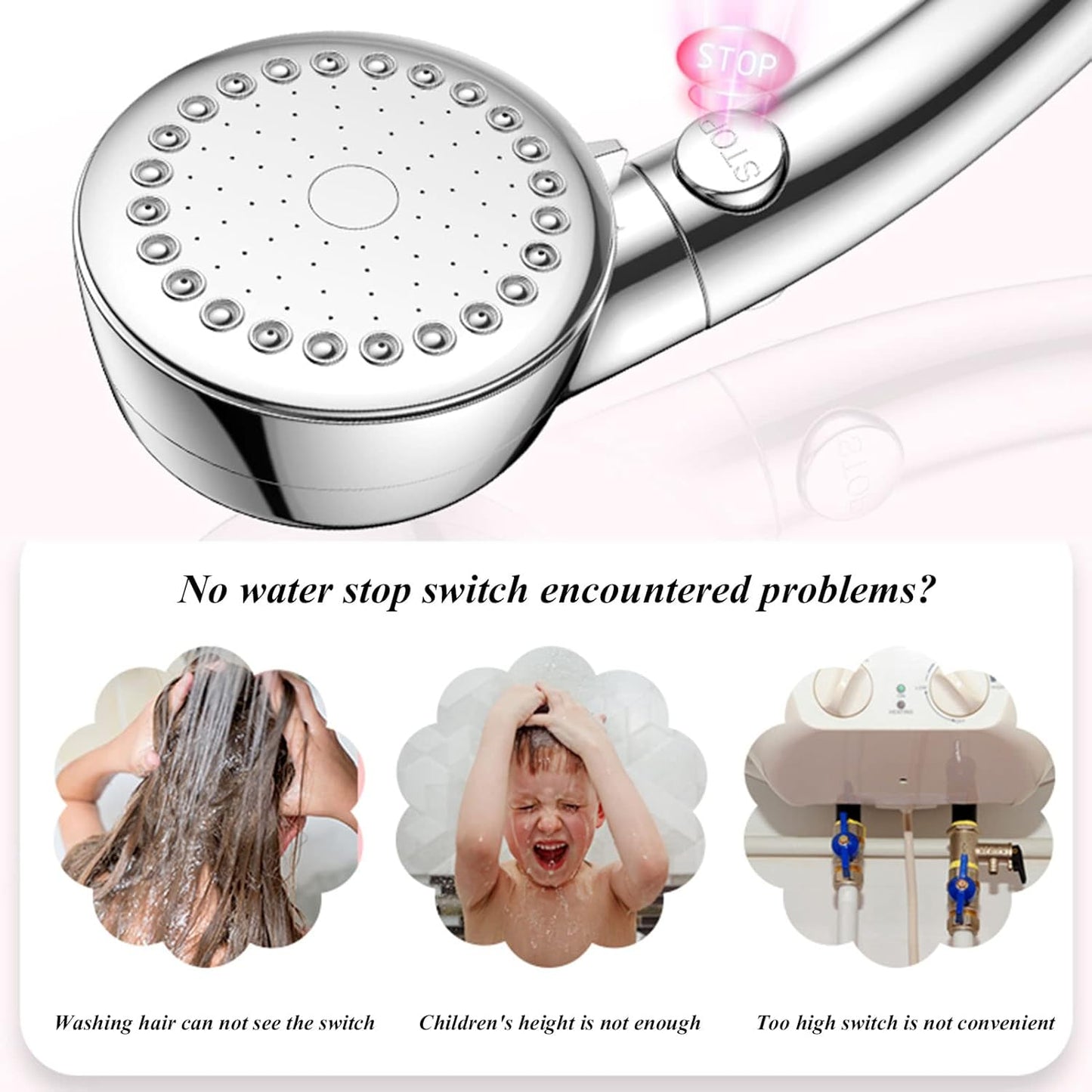 Shower Head, High Pressure Rainfall Shower Head with Stop Button, 3-Mode Adjustable Water Saving Shower Trim Kit