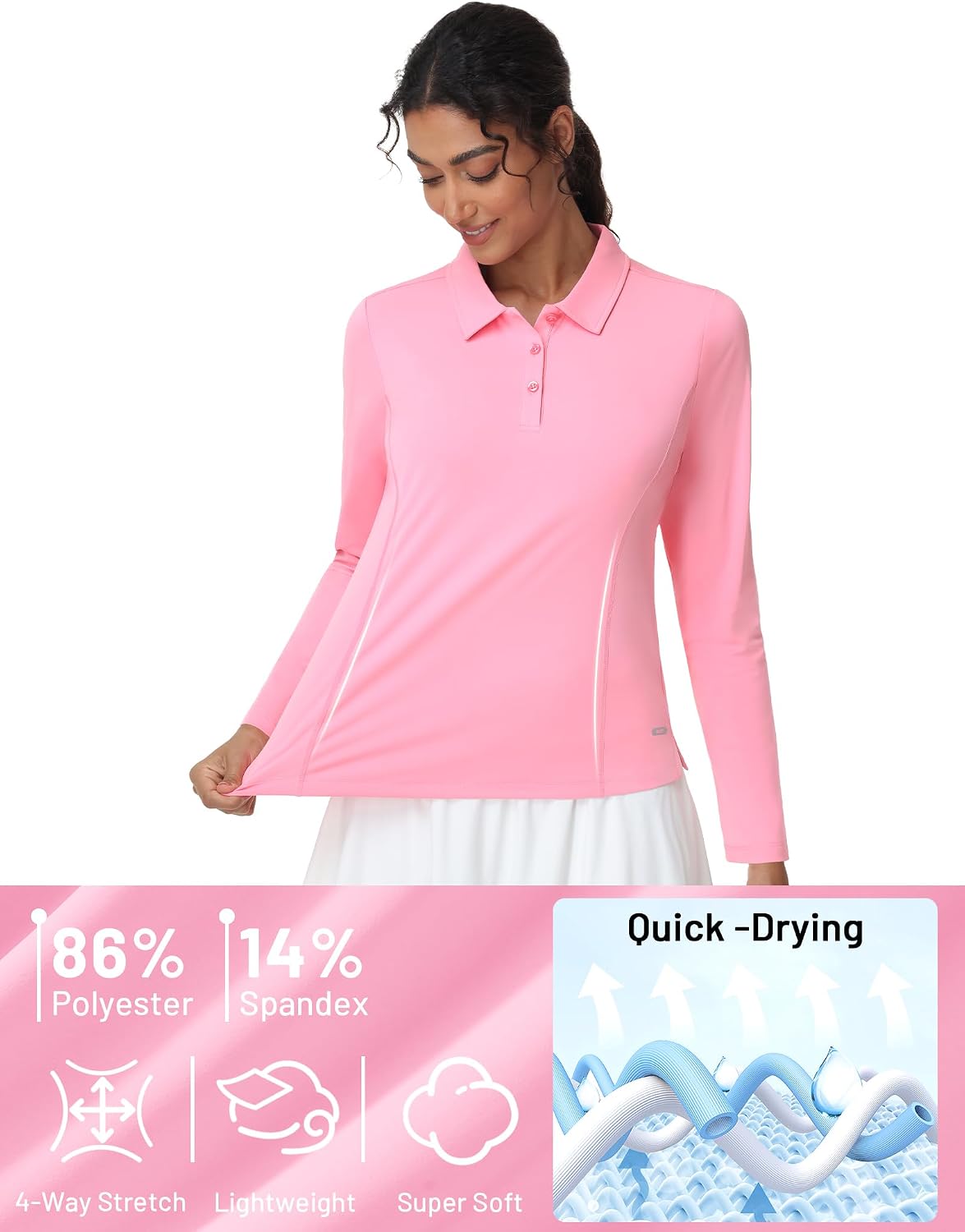 MIER Long Sleeve Polo Shirts for Women Quick Dry Collared Golf Tops for Athletic Tennis Work, Inherent UPF 50+ Sun Protection
