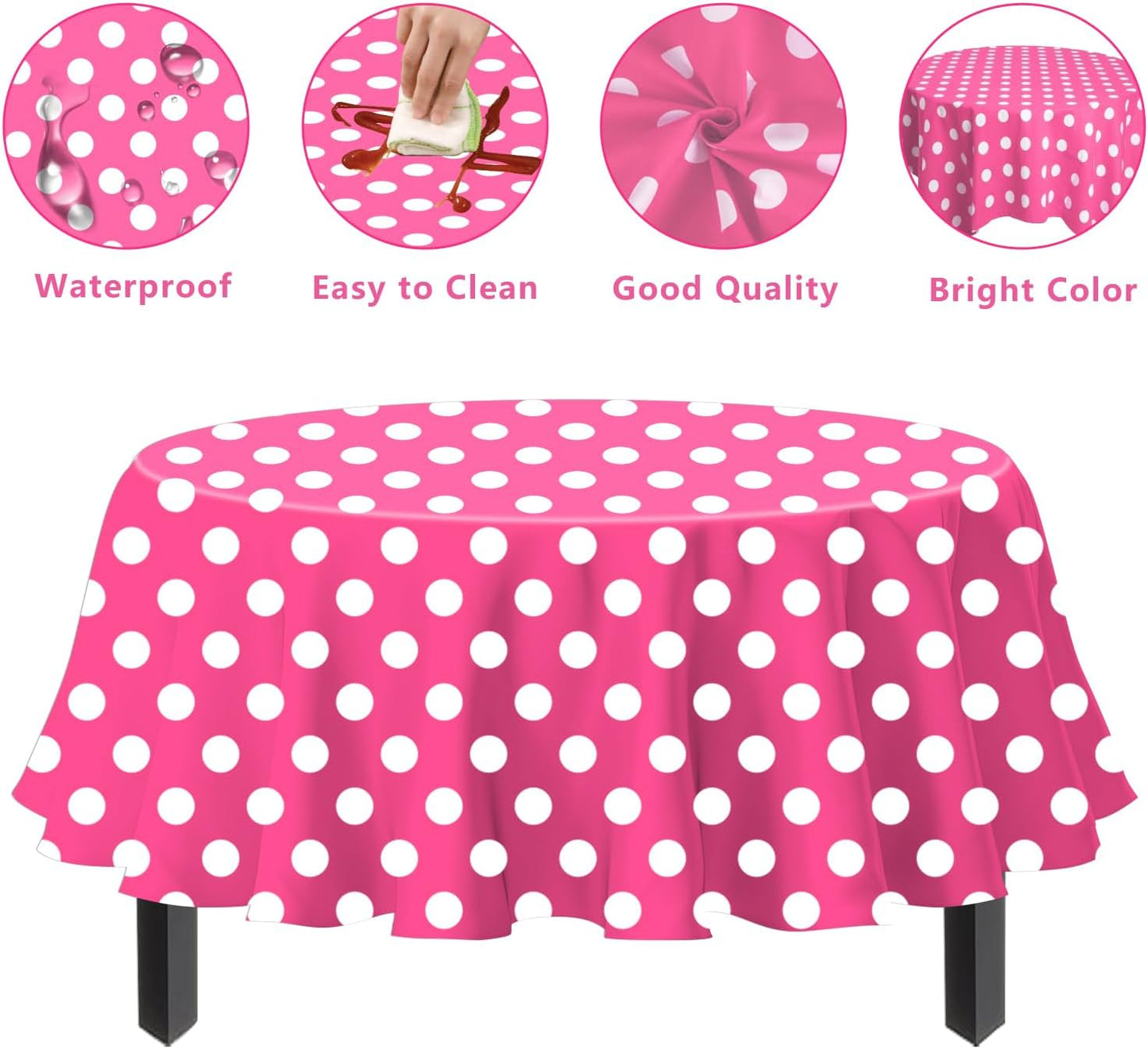 3 Pack Pink and White Polka Dots Round Tablecloth Pink Round Table Cover with White Polka Dot Plastic Table Cloth 84 in for Kitchen Dining Wedding Party