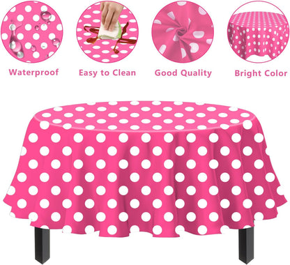 3 Pack Pink and White Polka Dots Round Tablecloth Pink Round Table Cover with White Polka Dot Plastic Table Cloth 84 in for Kitchen Dining Wedding Party