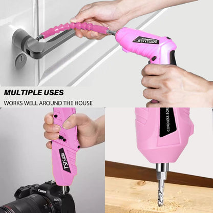 Electric Cordless Screwdriver with Offset Driving Shaft, 4.2V Automatic Rechargeable Screw Driver with 47PCS Bits, Battery Powered Automatic Screw Gun with LED Light & Carry Case Pink Screwdriver Set