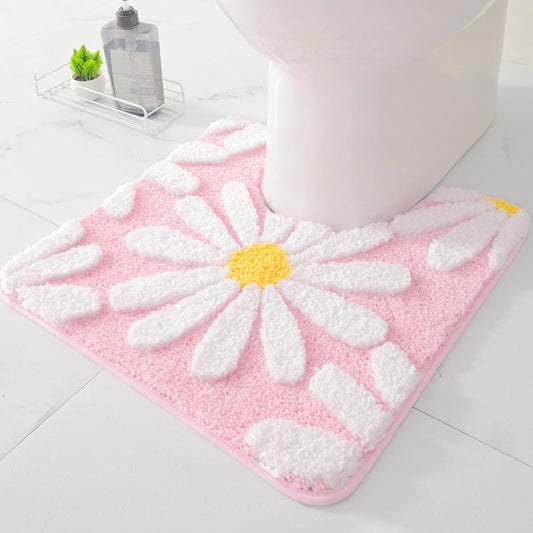 QJHOMO Toilet Rugs U Shaped, Pink Toilet Mat Cute Daisy Contour Bath Rug 20"x20", Extra Thick Soft Machine Washable Toilet Carpet, Non Slip Bathroom Floor Mats Super Absorbent Microfiber Bath Rugs