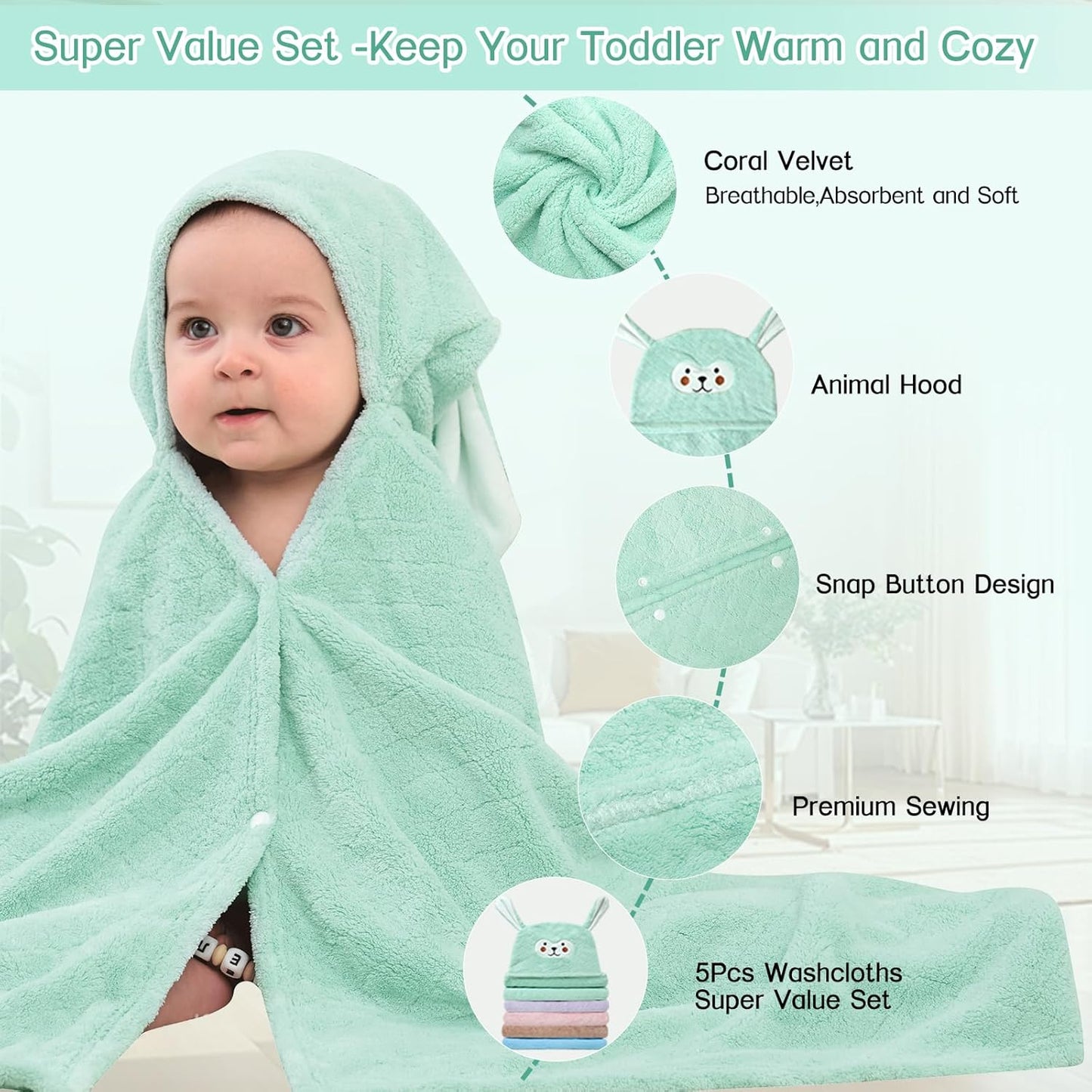 Coral Velvet Hooded Baby Towel - Cute Animal Print, Ultra-Absorbent & Quick-Drying for Newborn to Toddler 27.5x55 Inch, Machine Washable