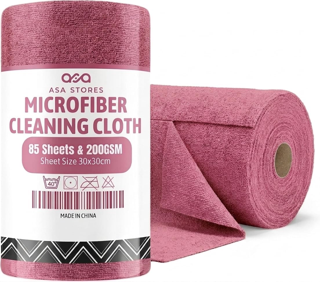 ASA Stores Microfiber Cleaning Cloth Roll – 85 Sheets, 200 GSM Reusable Paper Towels Roll, Absorbent Microfiber Towel Roll for Kitchen, Dishes & Home Cleaning – Pink