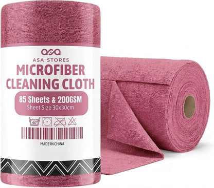 ASA Stores Microfiber Cleaning Cloth Roll – 85 Sheets, 200 GSM Reusable Paper Towels Roll, Absorbent Microfiber Towel Roll for Kitchen, Dishes & Home Cleaning – Pink