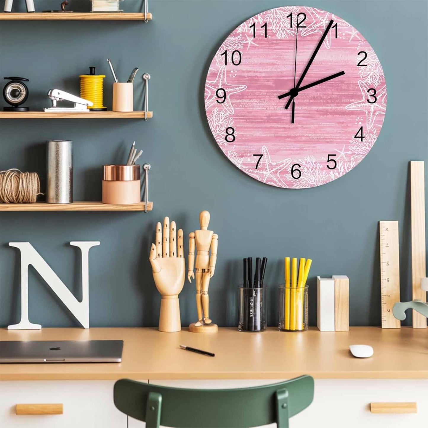 Ocean Wall Clock Battery Operated Non-Ticking 10" Round Wood Clocks, Starfish Seashell Coral Marine Life Pink Kitchen Wall Clock for School Bathroom Living Room Home Office Wall Decor