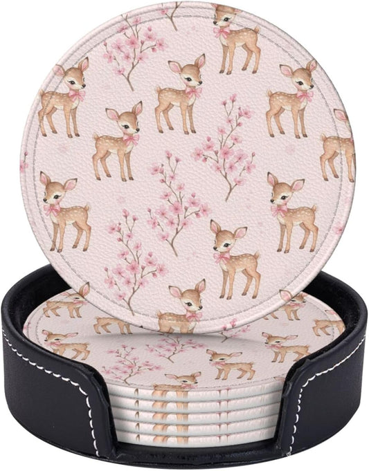 Watercolor Fawns Cherry Branch Pink Coasters for Drinks with Holder Round Leather Coasters Set of 6 Heat Resistant Cup Mat Pad for Table Protection, Home Decor, Kitchen and Housewarming Gift